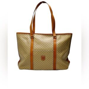 CELINE Macadam Tote Bag Brown Leather Trim Shoulder Carryall W AUTH CERTI
